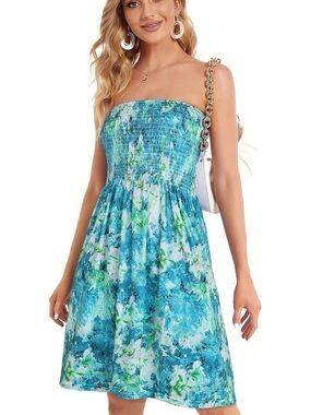 Smocked Strapless Blue Floral Sundress